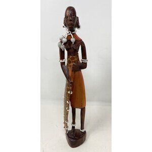 Vintage African Art Maasai Woman Hand Carved Wood Statue Sculpture 12” Beaded